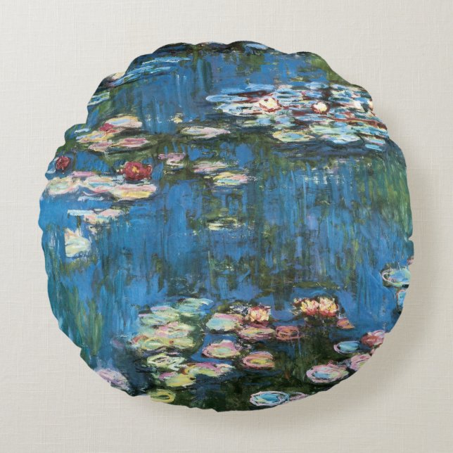 Wasserlilien von Claude Monet, Vintager Impression Rundes Kissen (Vorderseite)