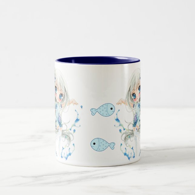 Wassermädchen und kawaii Fische Zweifarbige Tasse (Mittel)