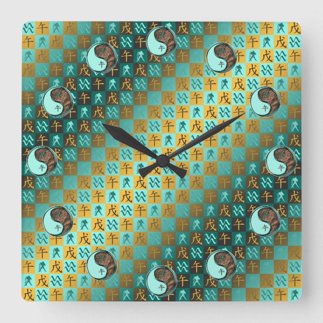 Wassermann & Erde Pferd Quadratische Wanduhr (Vorderseite)