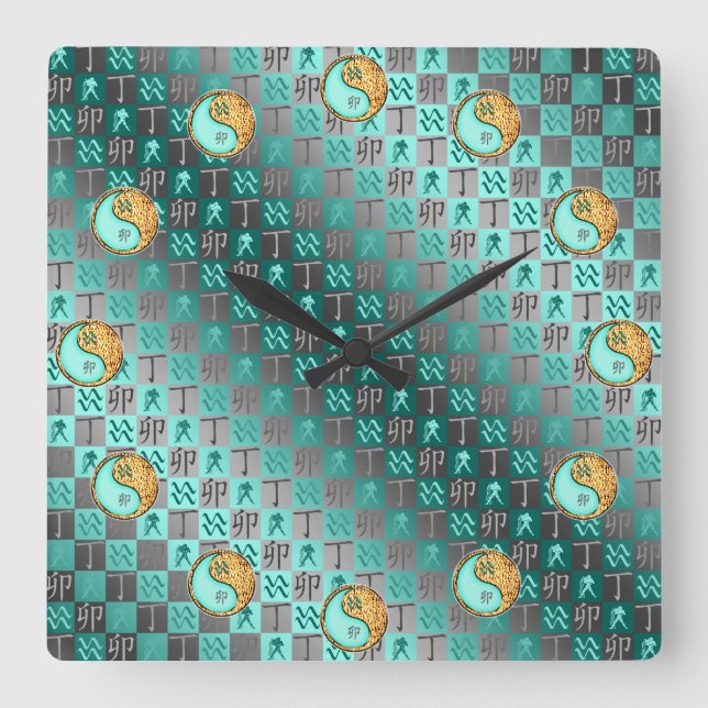 Wassermann & Feuer Kaninchen Quadratische Wanduhr (Vorderseite)