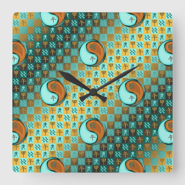 Wassermann & Holzpferd Quadratische Wanduhr (Vorderseite)