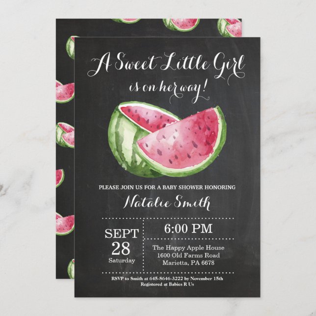 Wassermelon Babydusche Einladung Chalkboard (Vorne/Hinten)