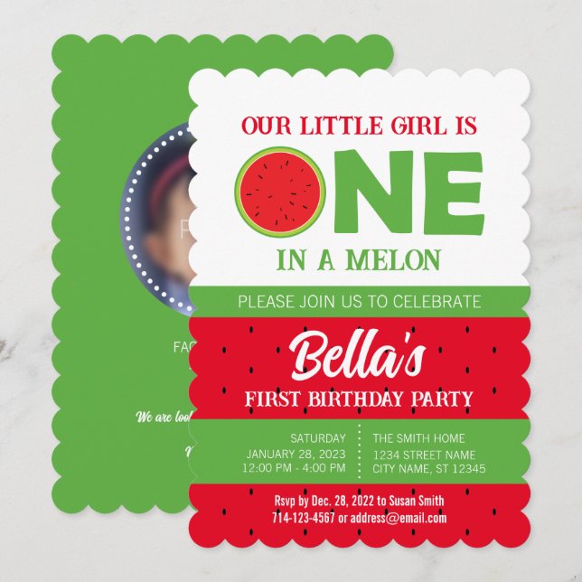 Wassermelone 1. Geburtstag Einladung mit Bild (Vorne/Hinten)