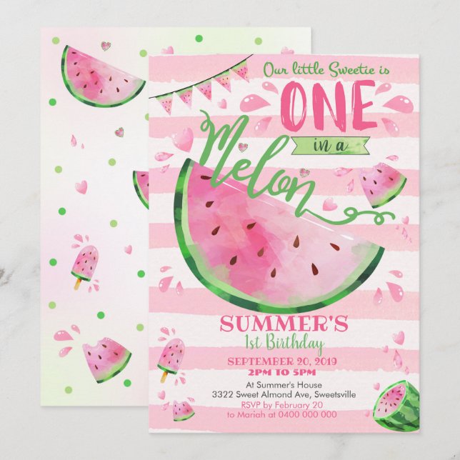 Wassermelone-1. Geburtstags-Einladung Einladung (Vorne/Hinten)