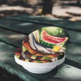 Wassermelone am Picnic-Tisch Pappteller