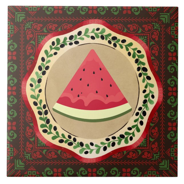 Wassermelone auf Olivenplatte mit palästinensische Fliese (Vorderseite)