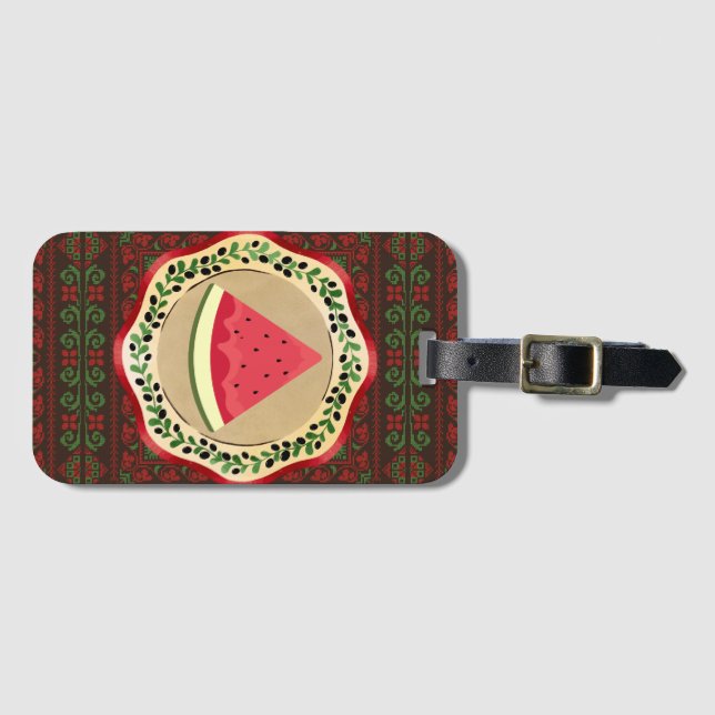 Wassermelone auf Olivenplatte mit palästinensische Gepäckanhänger (Vorderseite (Horizontal))