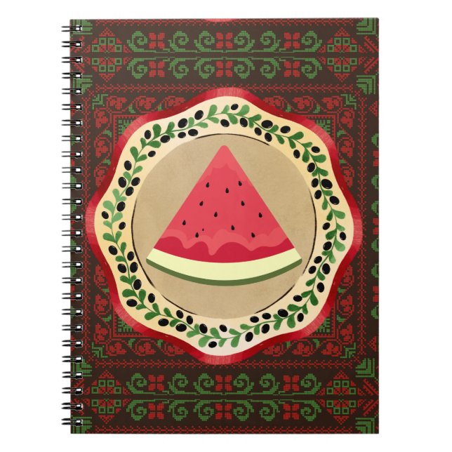 Wassermelone auf Olivenplatte mit palästinensische Notizblock (Vorderseite)