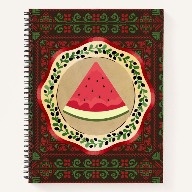 Wassermelone auf Olivenplatte mit palästinensische Notizbuch (Vorderseite)