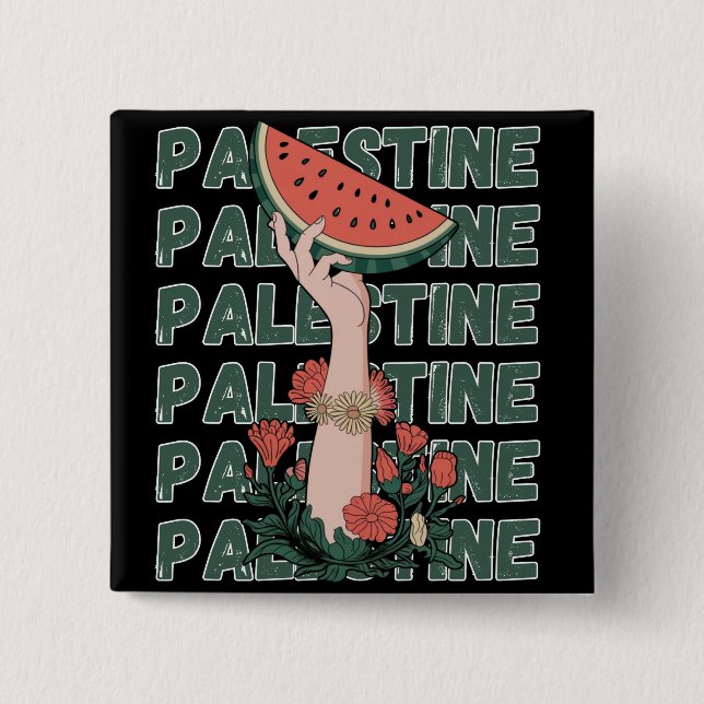 Wassermelone, Blume und Palestintext Wiederholen Button (Vorderseite)