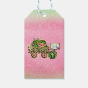 Wassermelone Ernte Bauernhof Wasserfarbe Holzkart Geschenkanhänger