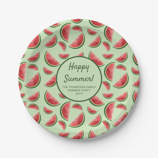 Wassermelone Fruchtmuster auf dem grünen Sommer-Pa Pappteller (Vorderseite)