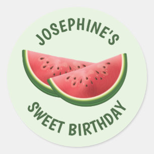 Wassermelone Fruchtscheiben auf Grün und Text Gebu Runder Aufkleber