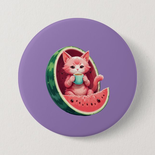 Wassermelone Katze Kaffeepause Button (Vorderseite)