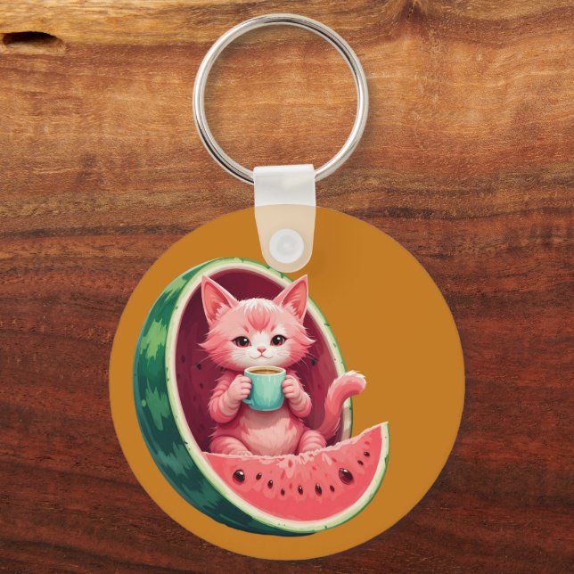 Wassermelone Katze Kaffeepause Schlüsselanhänger (Vorderseite)