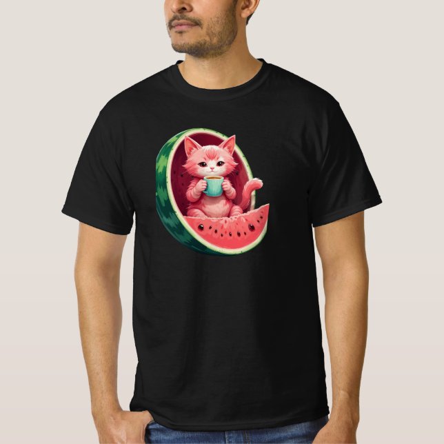 Wassermelone Katze Kaffeepause T-Shirt (Vorderseite)