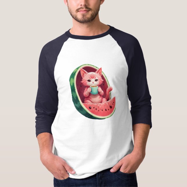 Wassermelone Katze Kaffeepause T-Shirt (Vorderseite)
