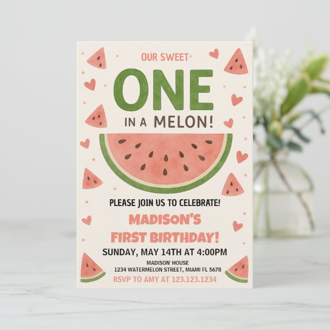 Wassermelone "One in a Melon" 1. Geburtstag Einladung (Stehend Vorderseite)