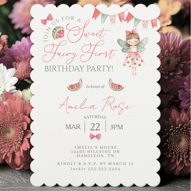 Wassermelone Süße Fee Erste Geburtstagsfeier Einladung (Watermelon Sweet Fairy First Birthday Party Invitation)