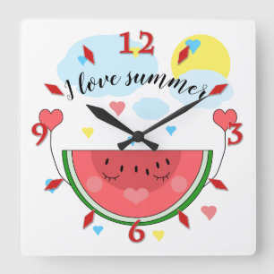 Wassermelone, Text, "I Liebe Summer" Square Wal Quadratische Wanduhr