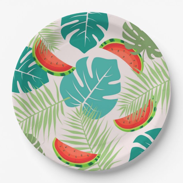 Wassermelonen und tropische Blätter Pappteller (Vorderseite)