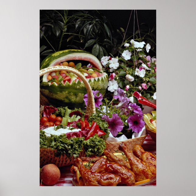 Wassermelonenkorb mit Blume schneiden Poster (Vorne)