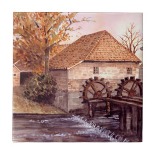 Wassermühle Aquarellmalerei von Farida Greenfield Fliese