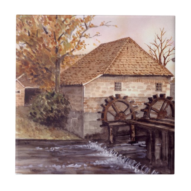 Wassermühle Aquarellmalerei von Farida Greenfield Fliese (Vorderseite)