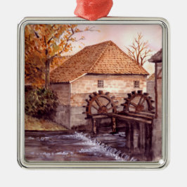 Wassermühle Aquarellmalerei von Farida Greenfield Ornament Aus Metall