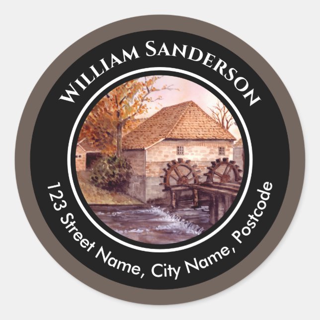 Wassermühle Aquarellmalerei von Farida Greenfield Runder Aufkleber (Vorderseite)