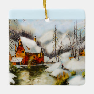 Wassermühle im Schnee Keramikornament