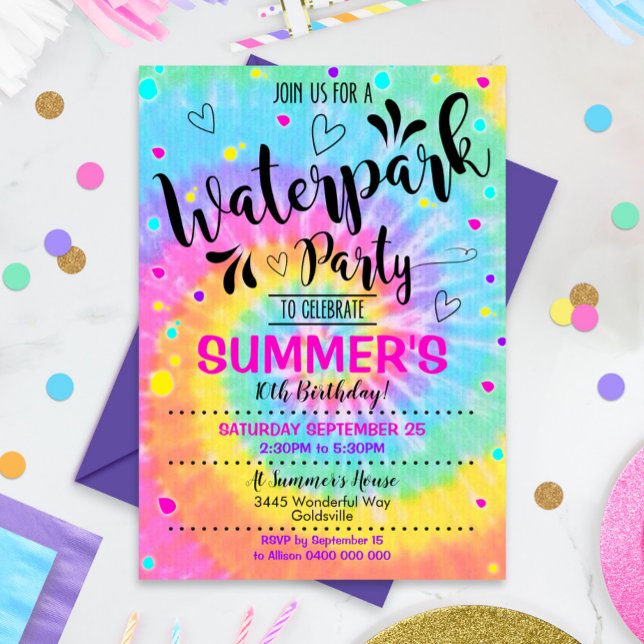 Wasserpark Party Einladung Gefärbte Krawatte Wasse (Waterpark Party Invitation. Perfect design for your next Water Park Birthday Party!)