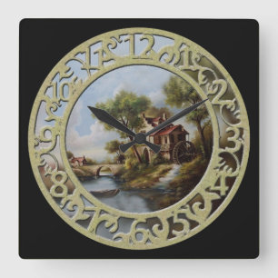 Wasserrad-Hütte im Wasser Quadratische Wanduhr