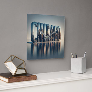 Wasserreflektion in Chicago City Quadratische Wanduhr