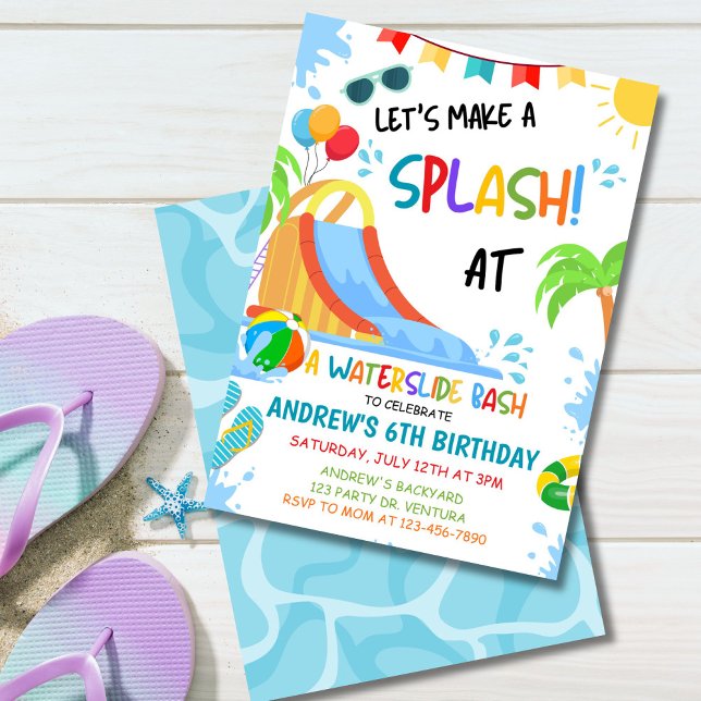 Wasserrutsche Geburtstagseinladung, Poolparty Einladung (Colorful waterslide birthday invitation with tropical summer pool party vibes for kids.)