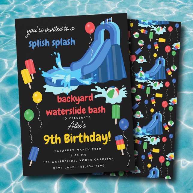 Wasserrutsche Kinder Sommer Splish Splash Geburtst Einladung (Waterslide Kids Summer Splish Splash Birthday Invitation)