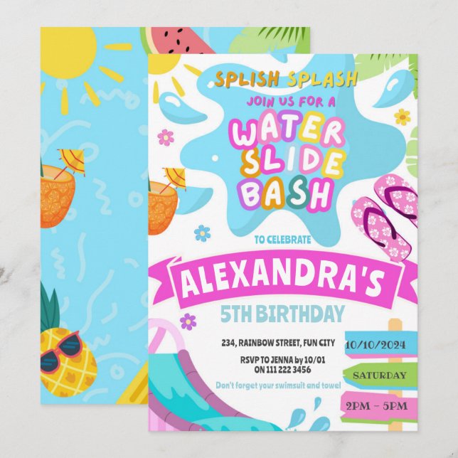 Wasserrutsche Wasserrutsche Park Splash Girl Einladung (Vorne/Hinten)