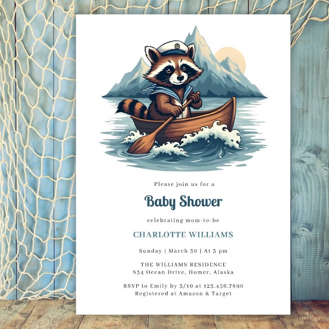 Wasserschiff Raccoon Boy Baby Dusche Einladung (Nautical Boy Baby Shower Invitation with Cute Fishing Raccoon and Mountain Scene)