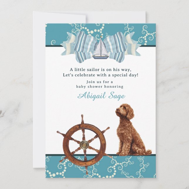 Wasserschiff und Goldendoodle Boy Babydusche Einladung (Vorderseite)