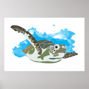 Wasserschildkröte Schwimmen im Wasserfarben-Design Poster