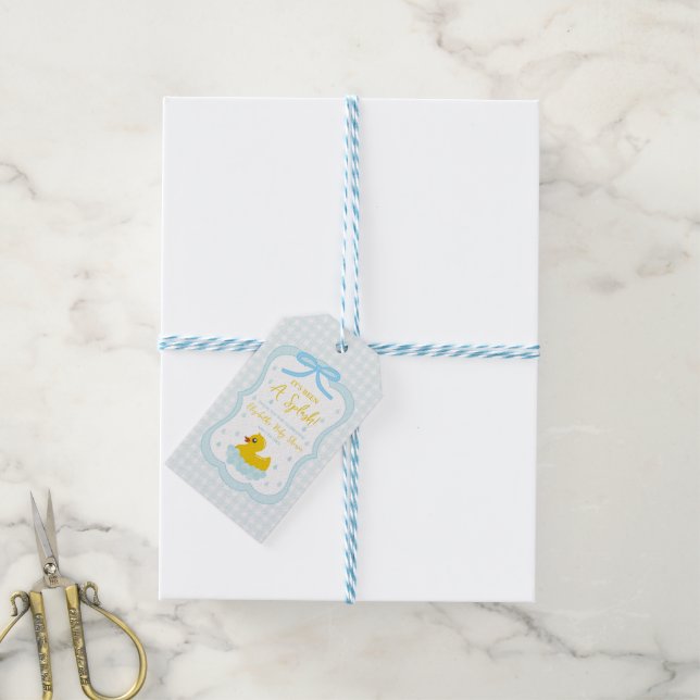 Wassertropfen Gingham-Junge Baby Shower Dankeschön Geschenkanhänger (Mit Garn)