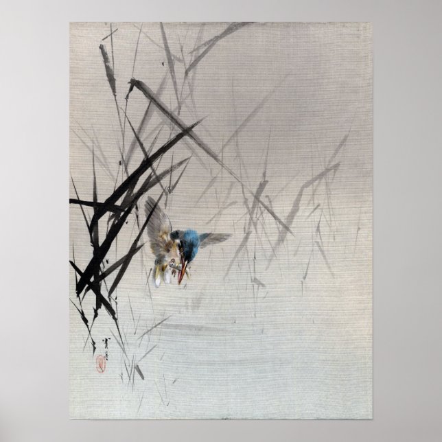 Watanabe Seitei Bird fängt Fisch unter Roten Poster (Vorne)