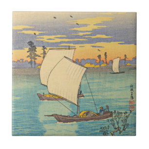 Watanabe Shotei-Sonnenuntergangsglühen am Tone-Flu Fliese