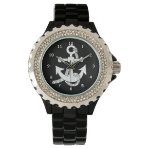 Watch - Weißer Anker auf Schwarz Armbanduhr