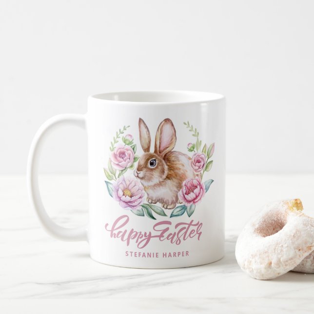 Watecolor Bunny und Pink Blume Frohes Osterfest Kaffeetasse (Mit Donut)