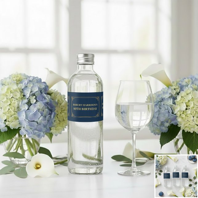 Water Bottle Label Chic Navy Gold 80th Birthday Wasserflaschenetikett (SEE FULL SUITE AT BOTTOM)