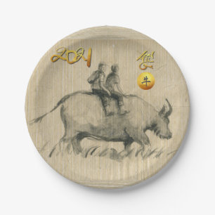 Water Buffalo Children Chinesisch Ox Year 2021 PP Pappteller