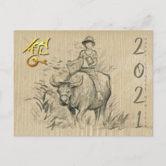 Water Buffalo Kid Chinesisch Ox Jahr 2021 PostC Postkarte (Vorderseite)