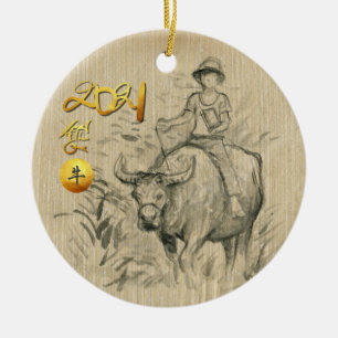 Water Buffalo Kid Chinesisch Ox Year 2021 CRO Keramik Ornament