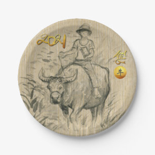 Water Buffalo Kid Chinesisch Ox Year 2021 PP Pappteller